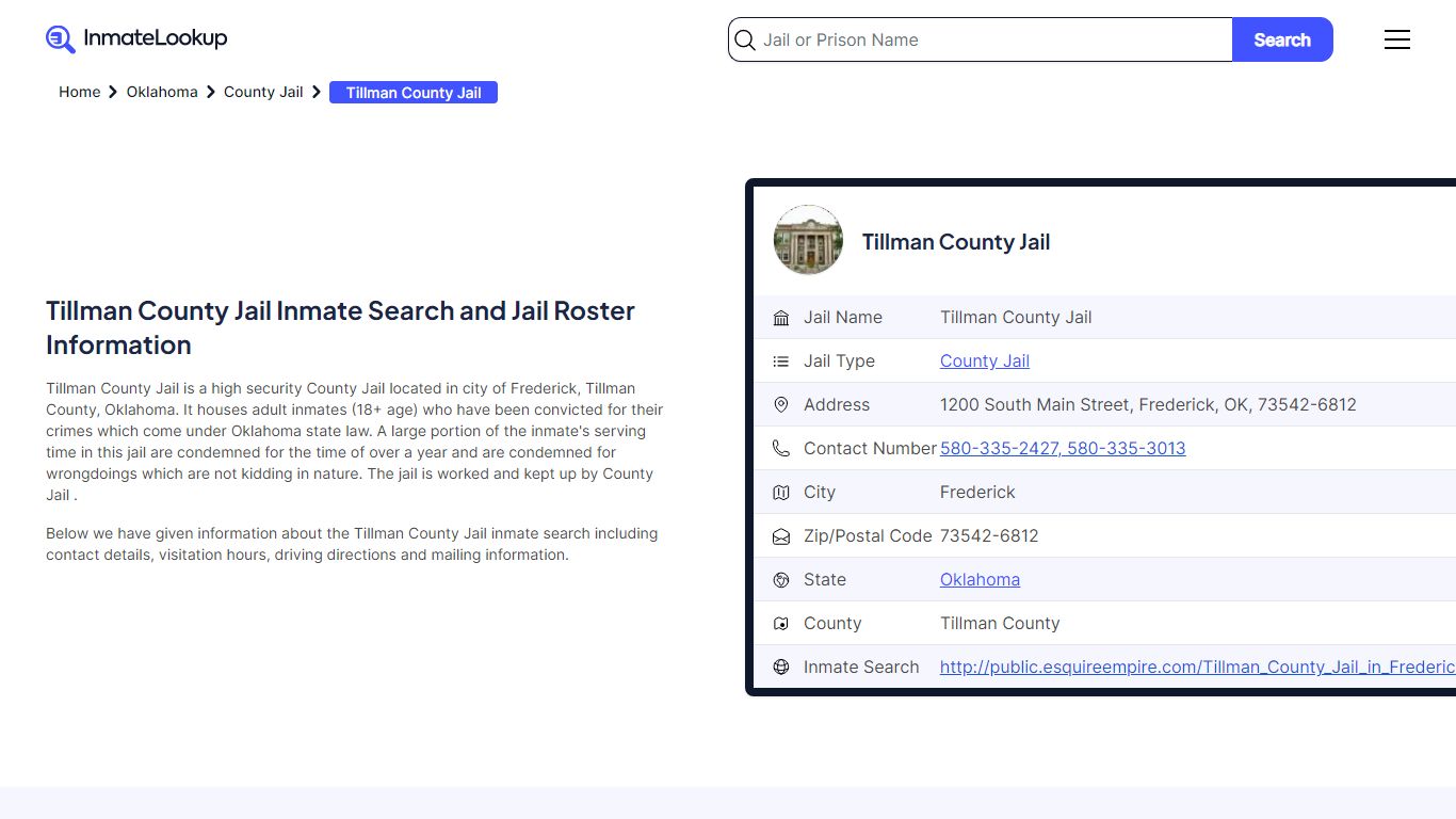 Tillman County Jail Inmate Search and Jail Roster Information